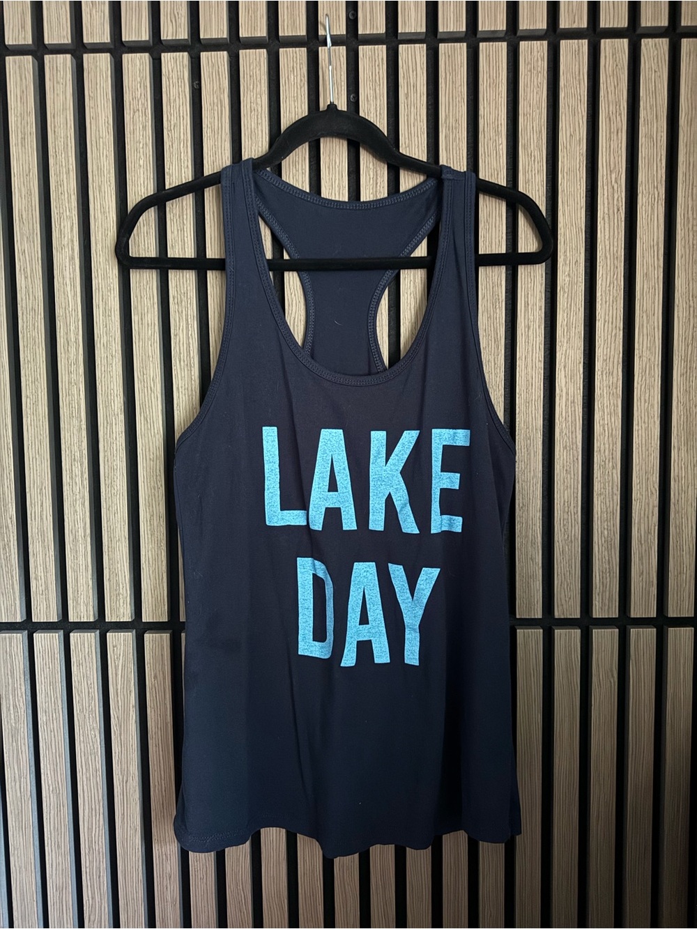 Lake Day Racerback Tank Top - Large Navy with Turquoise Print